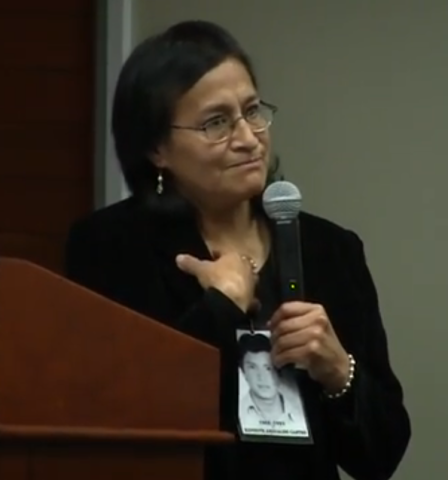 Marly Anzualdo speaks following the Peruvian government’s 2013 apology for her brother’s disappearance.